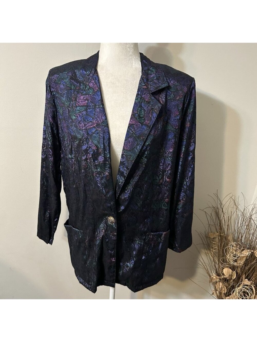Vtg Brittany Nicole Blazer Purple Green Jacquard Paisley Lightweight Sz S USA